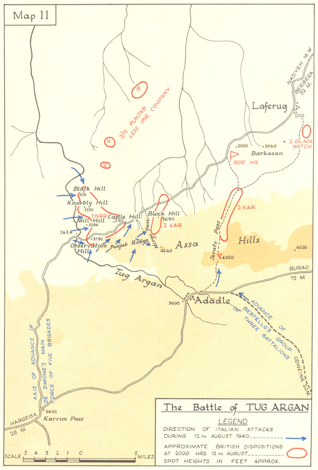 SOMALIA Italian East Africa Battle of Tug Argan August 1940 World War 2 1954 map